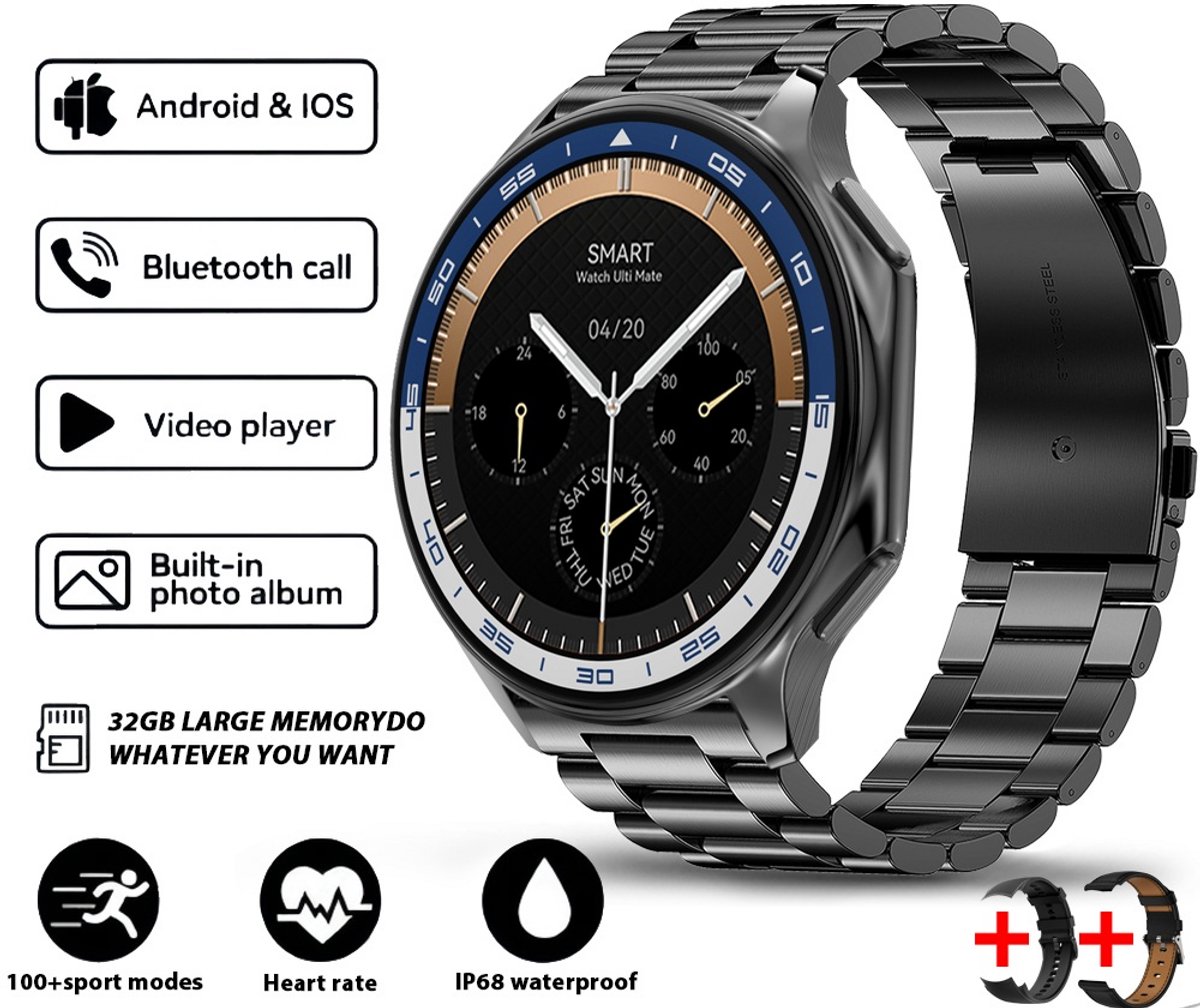 Knobbout 1.43 inch AMOLED-scherm met 3D-ontwerp Smartwatch - Slimme opnamefunctie- 4 GB interne opslag - MP4-video-ondersteuning - Nieuwste ATS3085S Gen 2-chipset - Ingebouwde kompasfunctie - Zwart staal+ zwart lederen + blauwe siliconen horlogeban