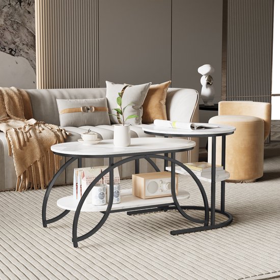Set de 2 Tables basses rondes – Table basse moderne en métal robuste avec motif marbre, étagère intégrée, pour la décoration intérieure, Wit et Zwart
