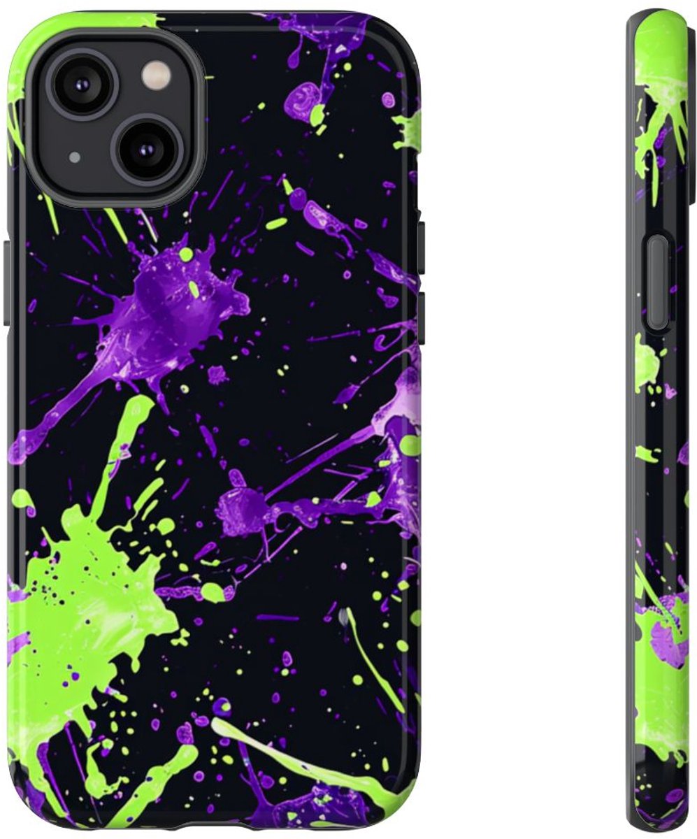 Groene en Paarse Verfspatten Patroon – Telefoonhoesje Geschikt voor iPhone 14 Plus