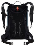 Achterkant van een blauwe rugzak met zwart mesh ventilatiesysteem en oranje detail.