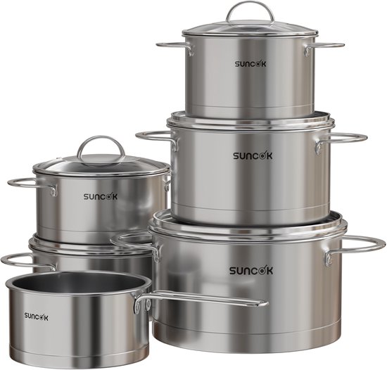 Batterie de cuisine SUNCOK TG1 6 pièces - Pour induction et gaz - Acier inoxydable avec Couvercles en Verres - Sans PFAS