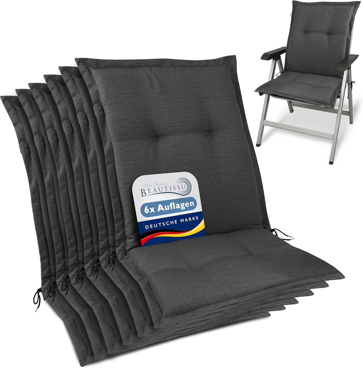 Beautissu HighLux NL – Set van 6 Tuinkussen Lage Rug Kussen 105x50x7cm – Outdoor Zitkussen voor Tuinstoel Antraciet