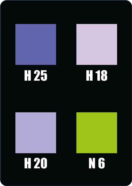 Vier kleurkaarten met letters en cijfers: H 25 blauwpaars, H 18 lichtpaars, H 20 lichtpaars, N 6 chartreuse.