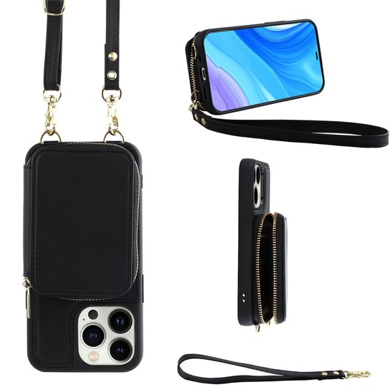 Étui portefeuille de Luxe avec bandoulière – Compatible avec Apple iPhone 16 Pro – Étui et sac bandoulière – Zwart