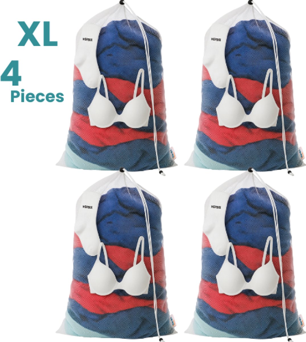 NORDIX Waszak Groot XL - 60x90CM - Waszakken - 4 Stuks - Laundry Bag - Wasnet - Waszakje - Treksysteem - Trekbandsluiting - Polyester - Schoenenzak - WHITE