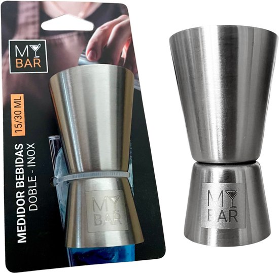 Verpakking van een 15/30 ML roestvrijstalen barmaatje met een afbeelding van het maatje in gebruik.