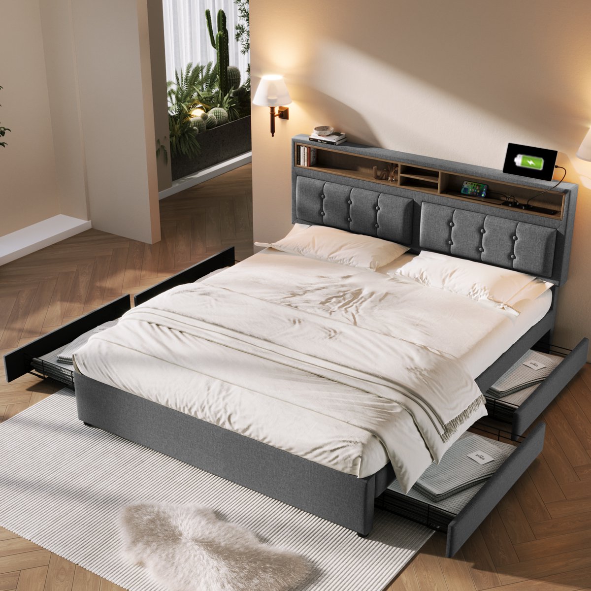 SINGULARITY-Tweepersoonsbed met 4 lades en USB-C-aansluiting- gestoffeerd bed 160x200 cm- in hoogte verstelbaar hoofdeinde- houten lattenbodem. Zonder matras.