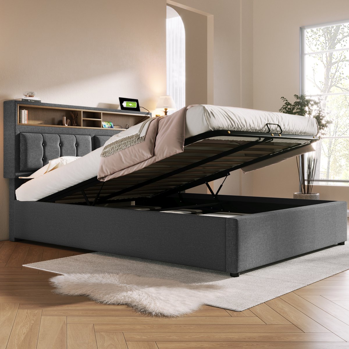 SINGULARITY-Gestoffeerd tweepersoonsbed met USB C-aansluiting hoofdeinde- opbergbedden bedframe van linnen materiaal jeugdbed 140x200 Zonder matras