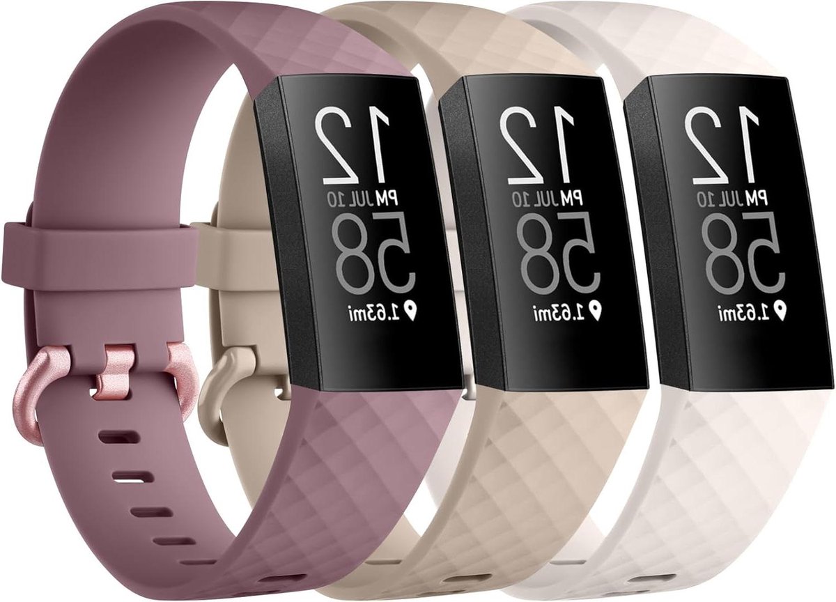 Allecto plus - Siliconen sport armbanden set voor Fitbit Charge 4/Charge 3 - Verstelbare reservebanden - Dames en heren - S, Starlight/Melkthee/paars