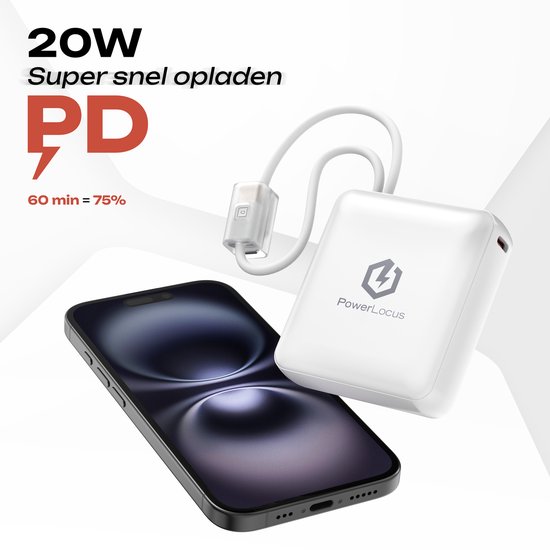 Witte PowerLocus powerbank met USB-C-kabel, naast een smartphone.