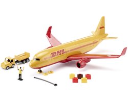 SIKU 1702, avion cargo DHL avec accessoires, métal/plastique, rouge/jaune, modèle speelgoed , avec chariot à bagages et contrôleur aérien