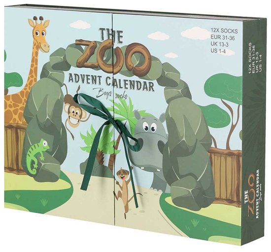 Calendrier de l'Avent fermé sur le thème 'The Zoo' avec une girafe, un singe et un hippopotame.