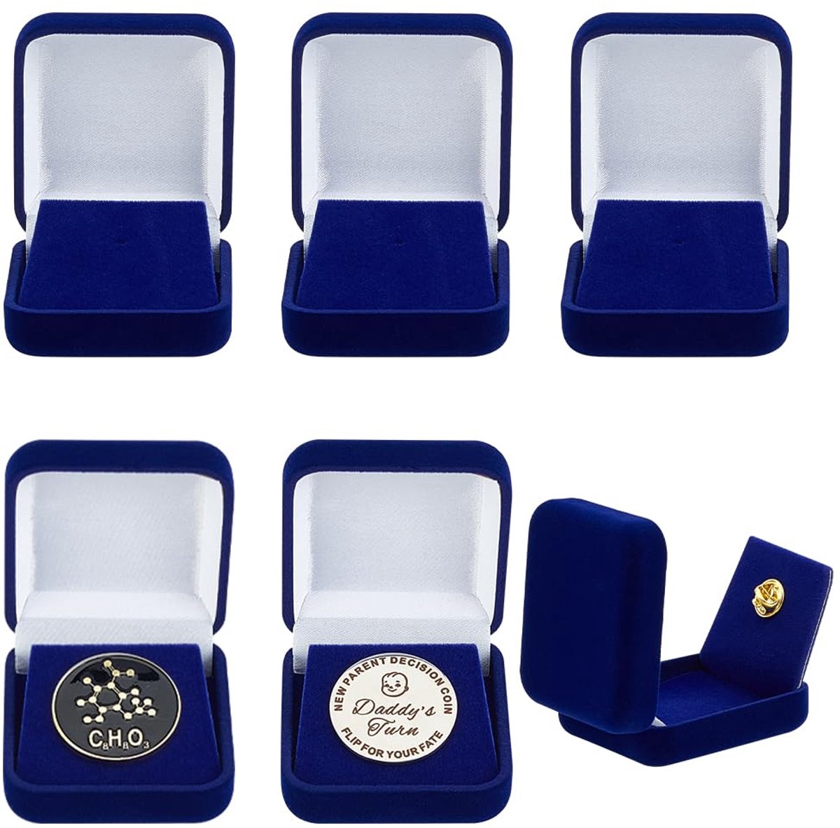 6 Stuks Midnight Blue Fluwelen Challenge Coin Presentatie Display Doos 30 Mm Enkele School Embleem Badge Kapel Pin Display Houders Medaille Opbergdozen Herdenkingsmunten Geschenkdoos