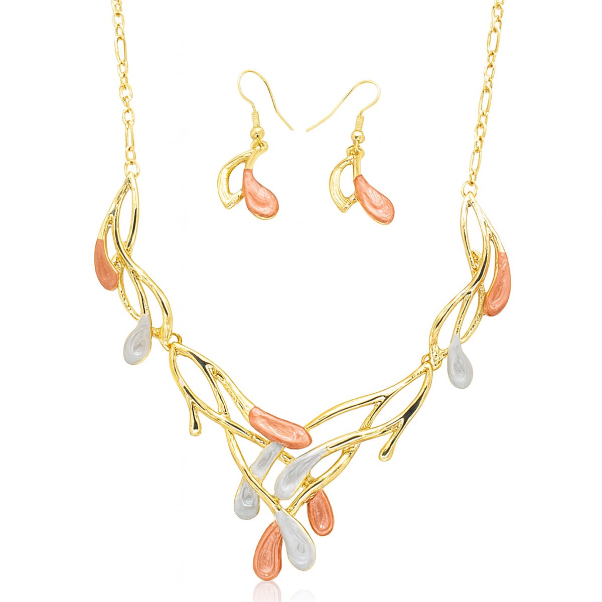 Dames sieradenset – Ketting en oorbellen – Blad en tak design – Rood, blauw en goud – Milieuvriendelijke legering