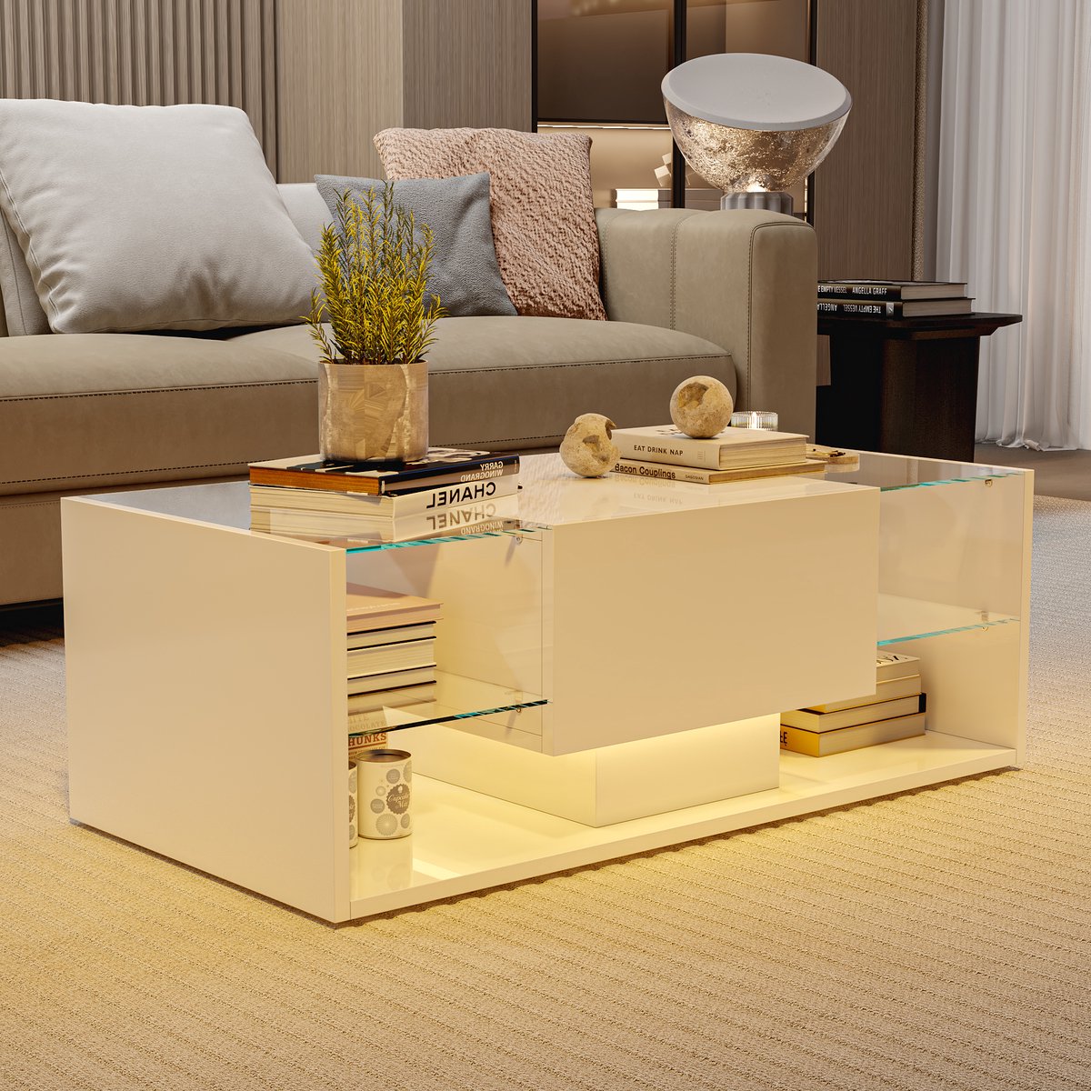 Salontafel 100x50x35cm – Wit Hoogglans met LED Licht, Lade en Opbergruimte, Modern Design voor Woonkamer