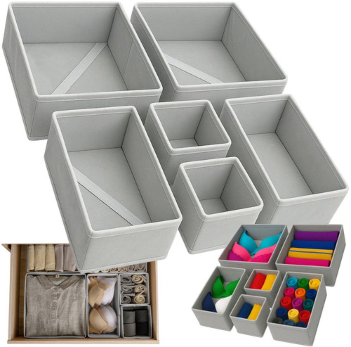 Ruhhy opbergmanden/lade organizers - 6x stuks - 3 formaten - grijs - ondergoed en sokken - ladekast