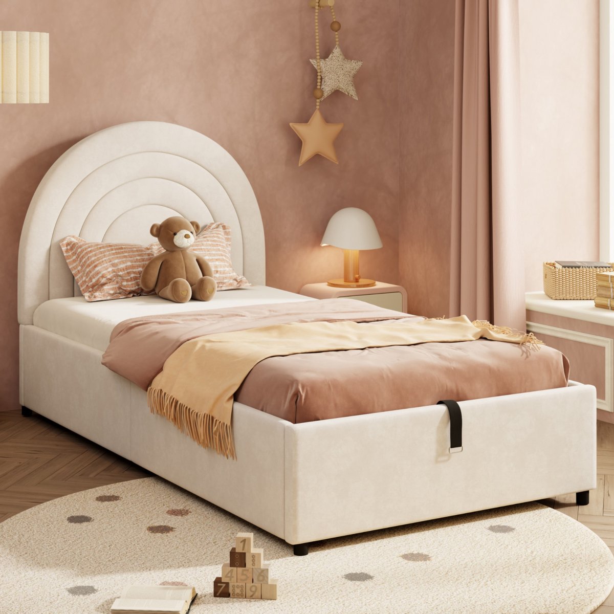 Sweiko Kinderbed - 90 x 200 cm - Hydraulisch bed - Opbergruimte - Velvet - Beige