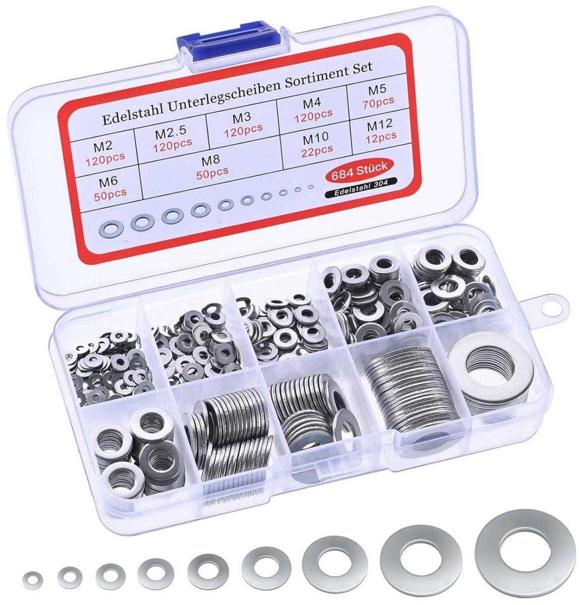 EXCITAT Ringenassortimentset - Platte ringen - Borgringen - 684 artikelen - 9 maten - Roestvrij staal