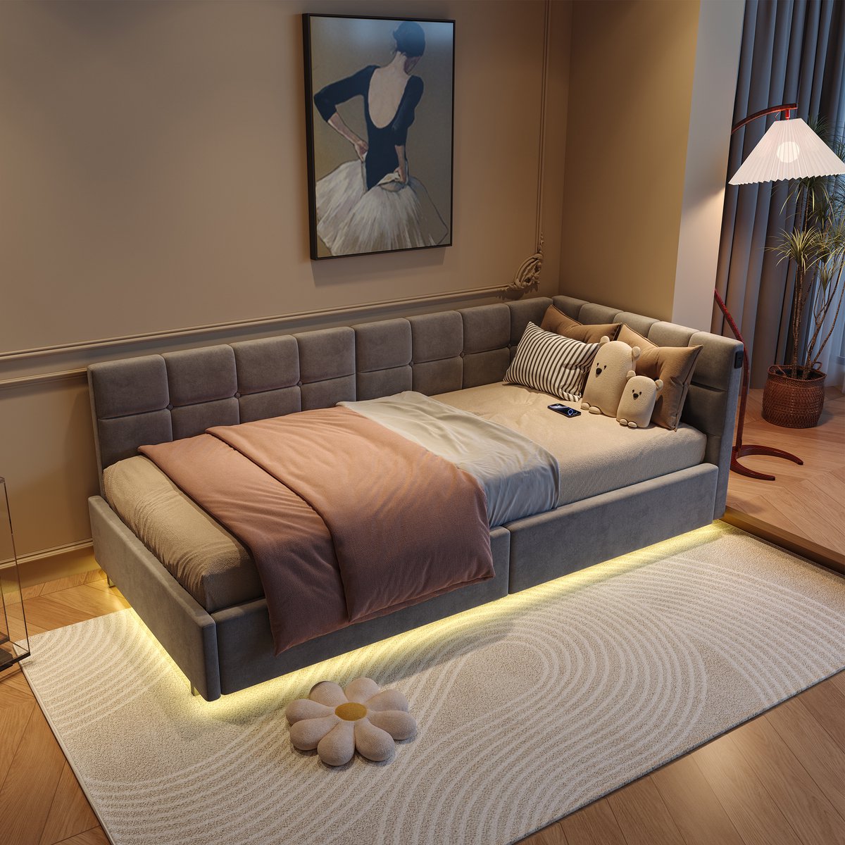 Slaapbank / Eenpersoonsbed 90x200 cm – Grijs Fluweel – Gasveer Opbergbed – USB & Type-C Oplaadpunten – RGB LED Verlichting met Afstandsbediening – Multifunctioneel Design
