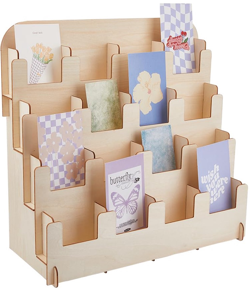 Azomor® Houten Display Rek voor Kaarten en Foto's met Vier Niveaus en Zestien Vakken