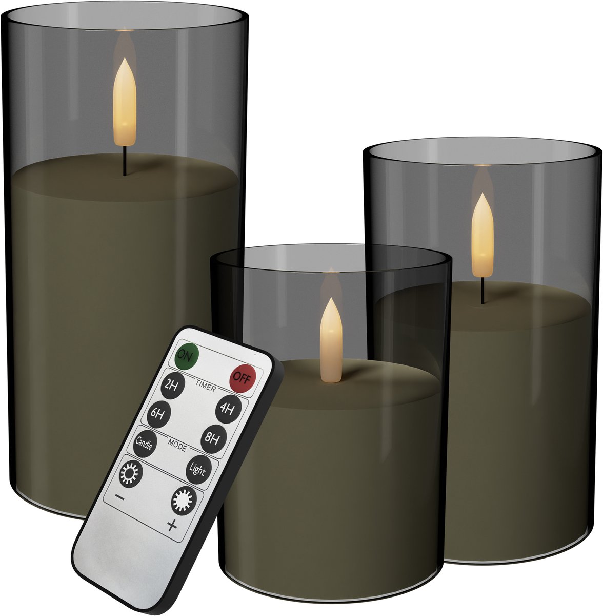 Aufun LED vlamloze kaarsen met afstandsbediening - Flikkerend - Acryl stompkaarsen - Op batterijen - Type A - Grijs - Set van 3 - Voor huisdecoratie en kerstversiering
