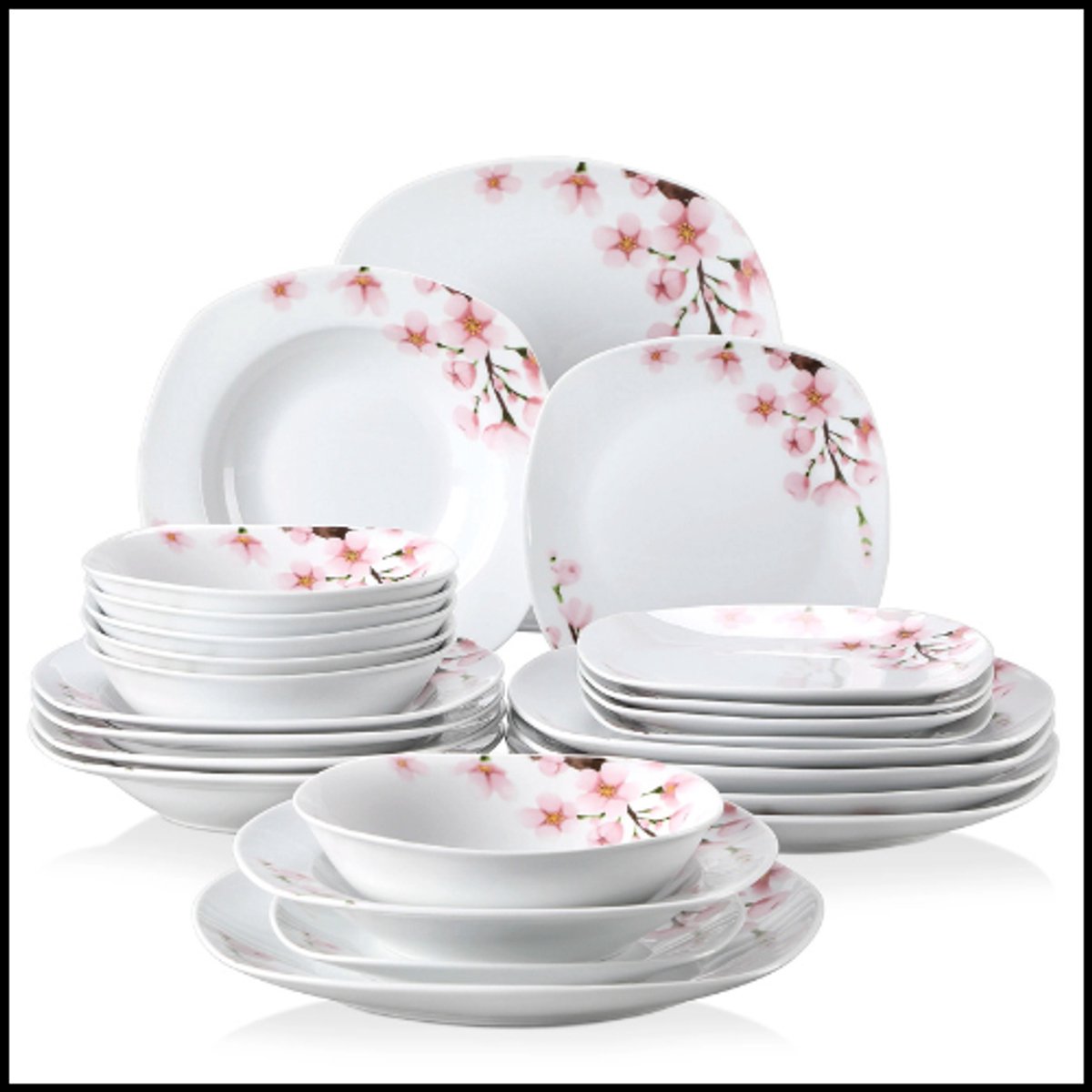 24-delige porseleinen servies set – ivoorwit met roze bloemen