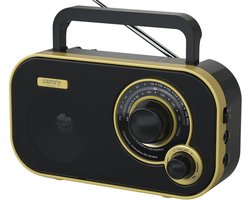 Draagbare Radio - Noodradio - Keukenradio - FM/AM - 2W Speaker - Retro radio - Netstroom & Batterij - Radio op batterijen - Zwart/Goud - Camry CR1910