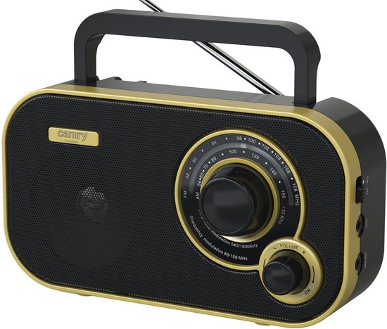 Zwarte retro radio met gouden accenten, draaggreep, antenne, zender- en volumeknoppen.
