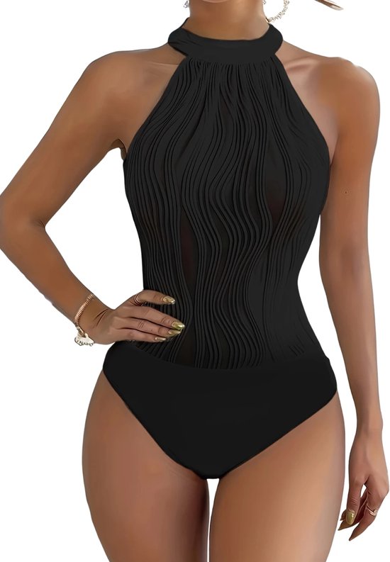 Body Dames – Elegante Zwarte Halter Body met Golvend Textuurdesign – Luxe Kwaliteits Bodysuit – Sexy Festival Look – Clubwear – Verfijnde Zwarte Lingerie Top – Stretch & Shaping – Lingerie Body Erotisch – Statement Piece – Maat XS/S, M, L, XL