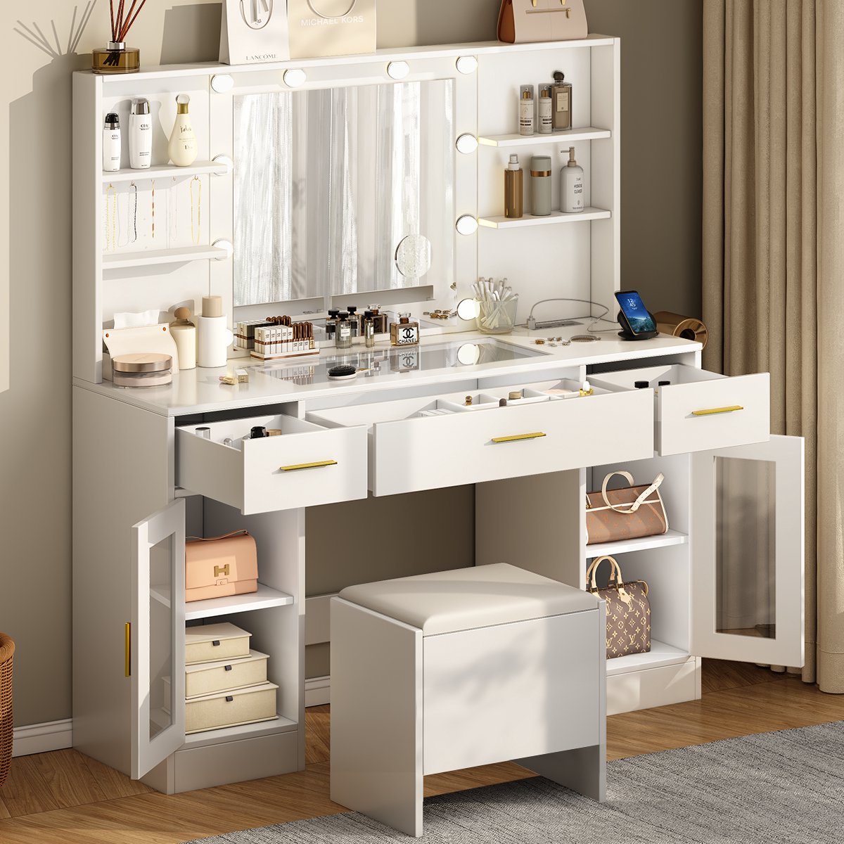 Kaptafel - Make Up Tafel - Inclusief Krukje - Met Spiegel en 10 LED Lampen - Met Stopcontacten & USB-poorten - 3 Lichtkleuren - 3 Lades en 2 Kasten met 4 Planken - Transparant Glazen Tafelblad - Eenvoudige Montage - 140H x 115B x 40D cm - Wit