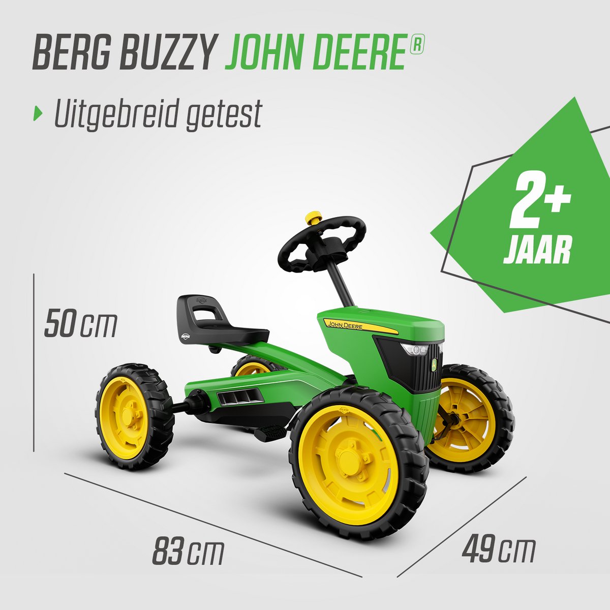 BERG Buzzy John Deere Skelter - Officieel licentieproduct - Verstelbare Stoel - Veilige en Stabiele Wegligging - Anti-Lek EVA banden - 2+ jaar - Groen/Geel — afbeelding 7