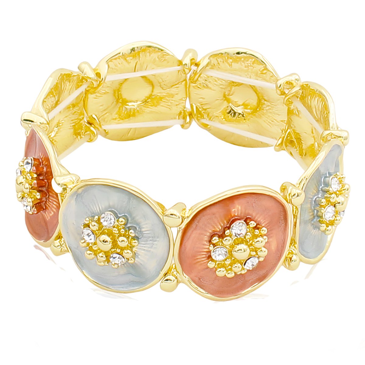 Elastische Damesarmband Bloemmotief met Kristallen – Rood Blauw Goud Design