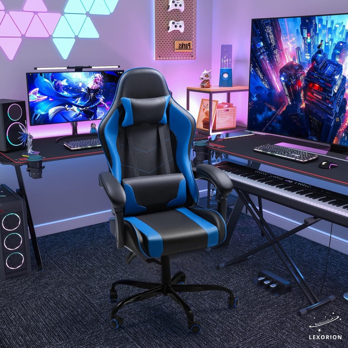 Lexorion Gaming Stoel – Ergonomische Gaming Chair – Inclusief Gratis RGB Gamingmuis Cadeau – Verstelbaar – Lederen Gamestoel – 136 kg – Blauw – Bureaustoel – foto 7