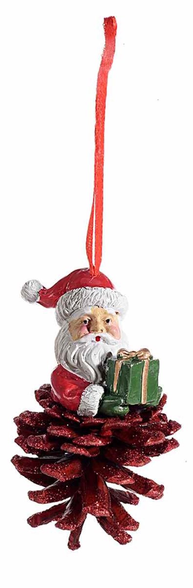Dennenappel met Kerstman met Cadeau - Kerstornament - Ø 4 cm x 10 cm (hoogte kan verschillen)