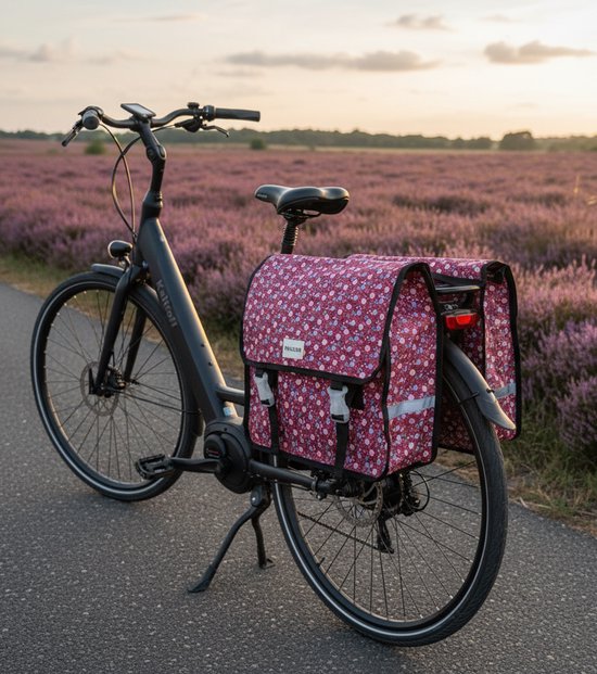 Traveler Dubbele paarse fietstas bloemen roze blauw wit van Basil — afbeelding 3
