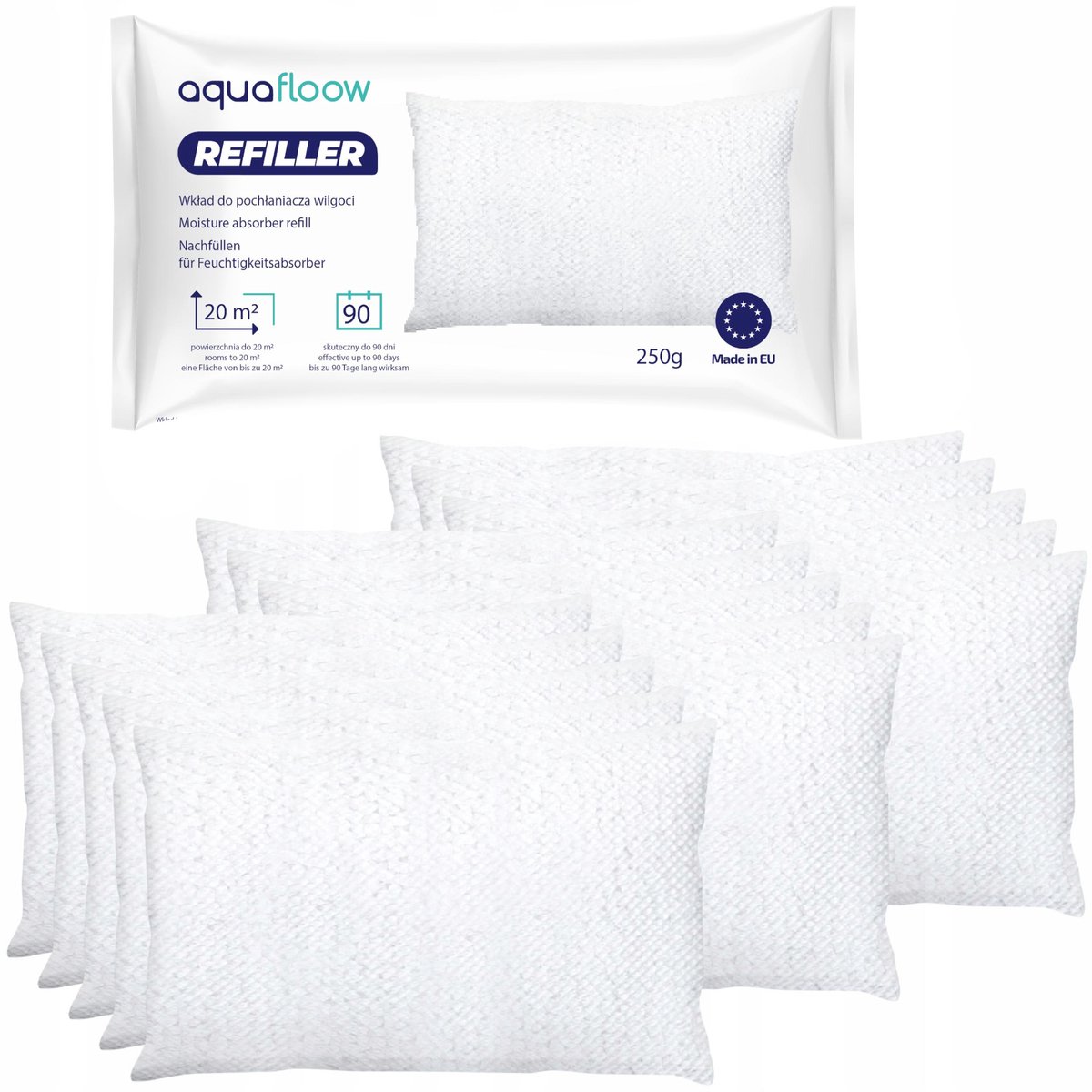 Aquafloow, 15x Navulzak granulaat 250 g, Navulverpakking voor ruimte ontvochtiger, voor ruimtes tot 20 m², voorkomt onaangename geuren
