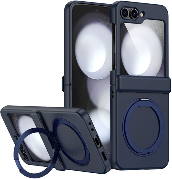 Étui de téléphone bleu marine avec design pliable et support annulaire, vu de dos.