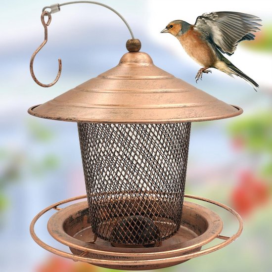 Allecto plus - Hangende metalen vogelvoeder voor tuin vogels roodborstje voeden en nestelen in weerbestendig ontwerp met ketting.