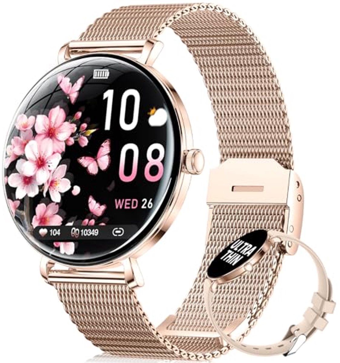 Dames Smartwatch 1,43 inch met Gebogen AMOLED Display, IP68 Waterdicht, 100+ Sportmodi en Hartslag Monitor