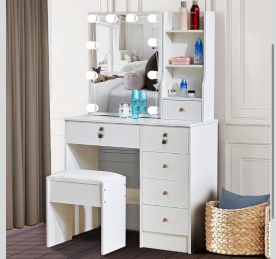 SONNI Make-uptafel met kruk, verlichte spiegel, laden, make-uptafel met 12 lichten, 3 kleuren, 10 instelbare helderheidsniveaus, kaptafel voor slaapkamer, zwart, 80x40x140cm