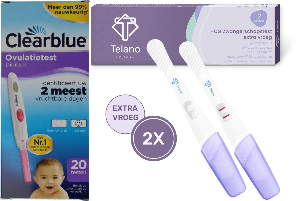 Clearblue Ovulatietest Digitaal 20 testen - Zwangerschapstest 2 stuks Midstream Extra Vroeg Premium Telano