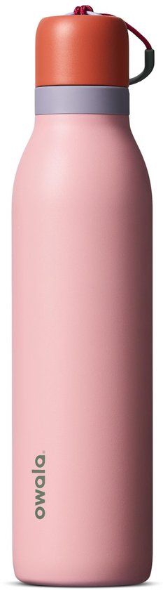 Roze Owala thermosfles met oranje dop en paars accent.