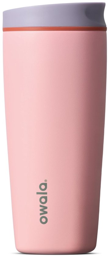 Roze Owala beker met een grijs deksel en een oranje accent. Het Owala logo staat aan de zijkant.
