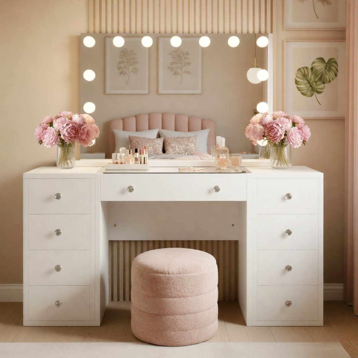 CLP Tiline kaptafel - met grote spiegel - Cosmetische tafel - met LED-verlichting - met 9