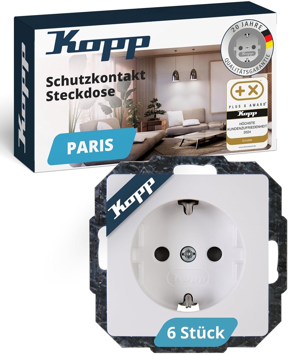 Kopp inbouw contactdoos Paris 1-voudig + randaarde en kinderbeveiliging Arctic wit 6st.