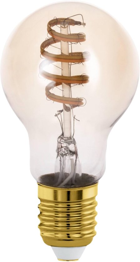 Een doorzichtige, E27 fitting lamp met een gouden schroefdraad en een spiraalvormige LED filament.