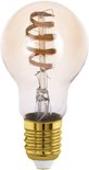 Een doorzichtige, E27 fitting lamp met een gouden schroefdraad en een spiraalvormige LED filament.