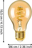 Gouden LED-lamp met spiraalfilament, E27 fitting, 10,5cm hoog, 6cm breed.