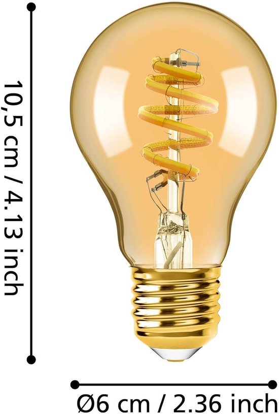 Gouden LED-lamp met spiraalfilament, E27 fitting, 10,5cm hoog, 6cm breed.