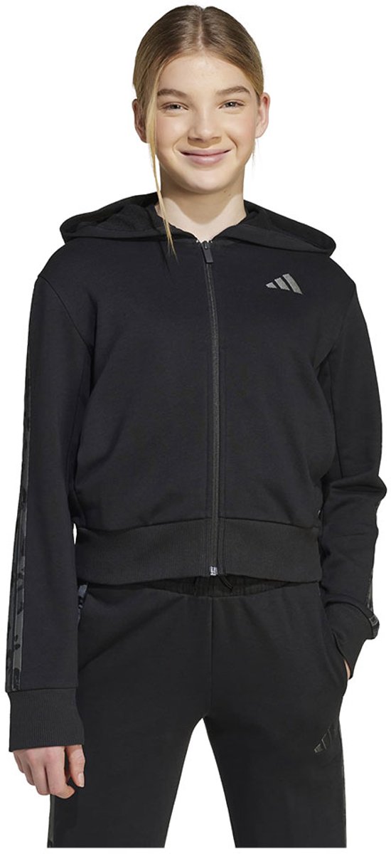 Adidas 3 Stripes Animal French Terry Sweatshirt Met Rits 9-10 Years Meisjes Zwart